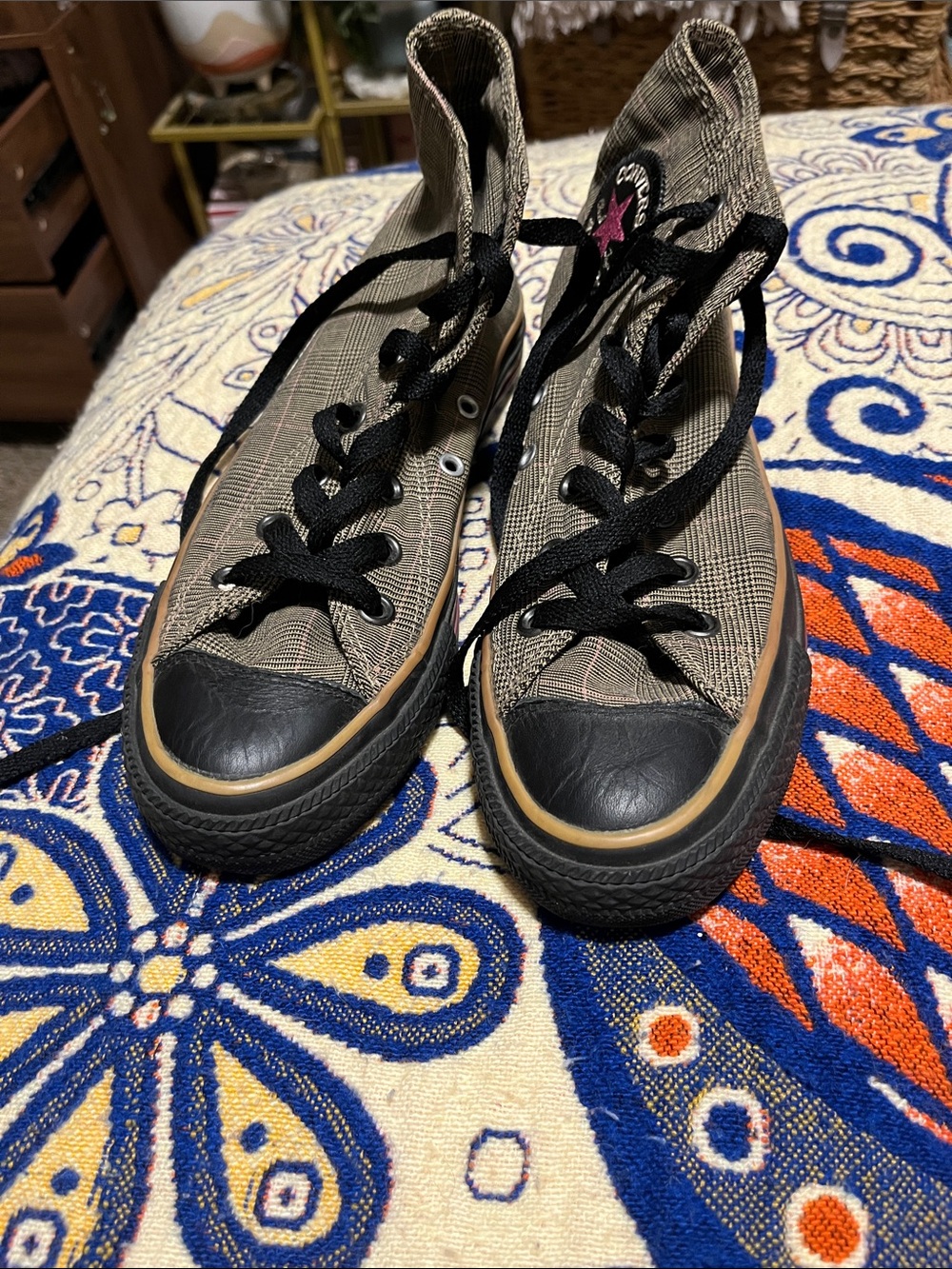 Converse brown and pink plaid high top sneakers